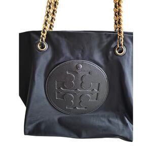 Tory Burch Black Leather Tote with Embossed Circle Logo EUC